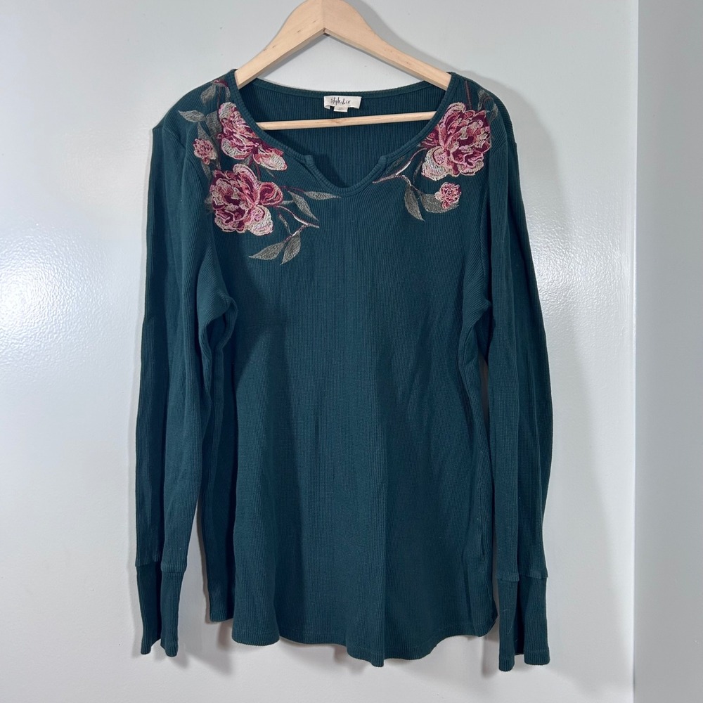 Style & Co Green Floral Embroidered Waffle Knit Thermal Top XXL